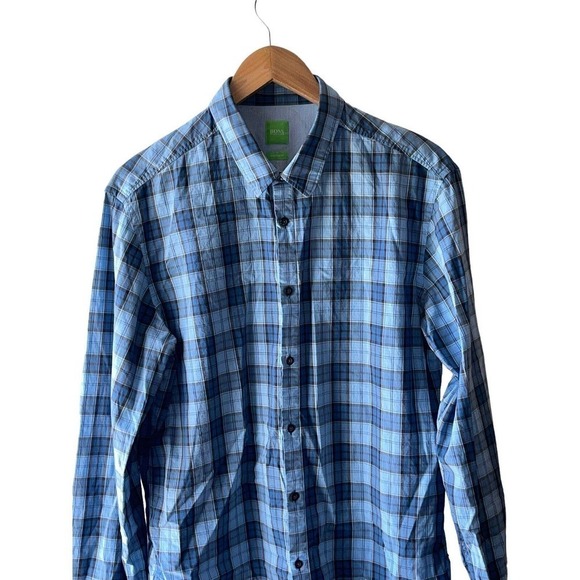 Hugo Boss Size XL Modern Blue Plaid Long Sleeve Button Front Shirt - Picture 2 of 5